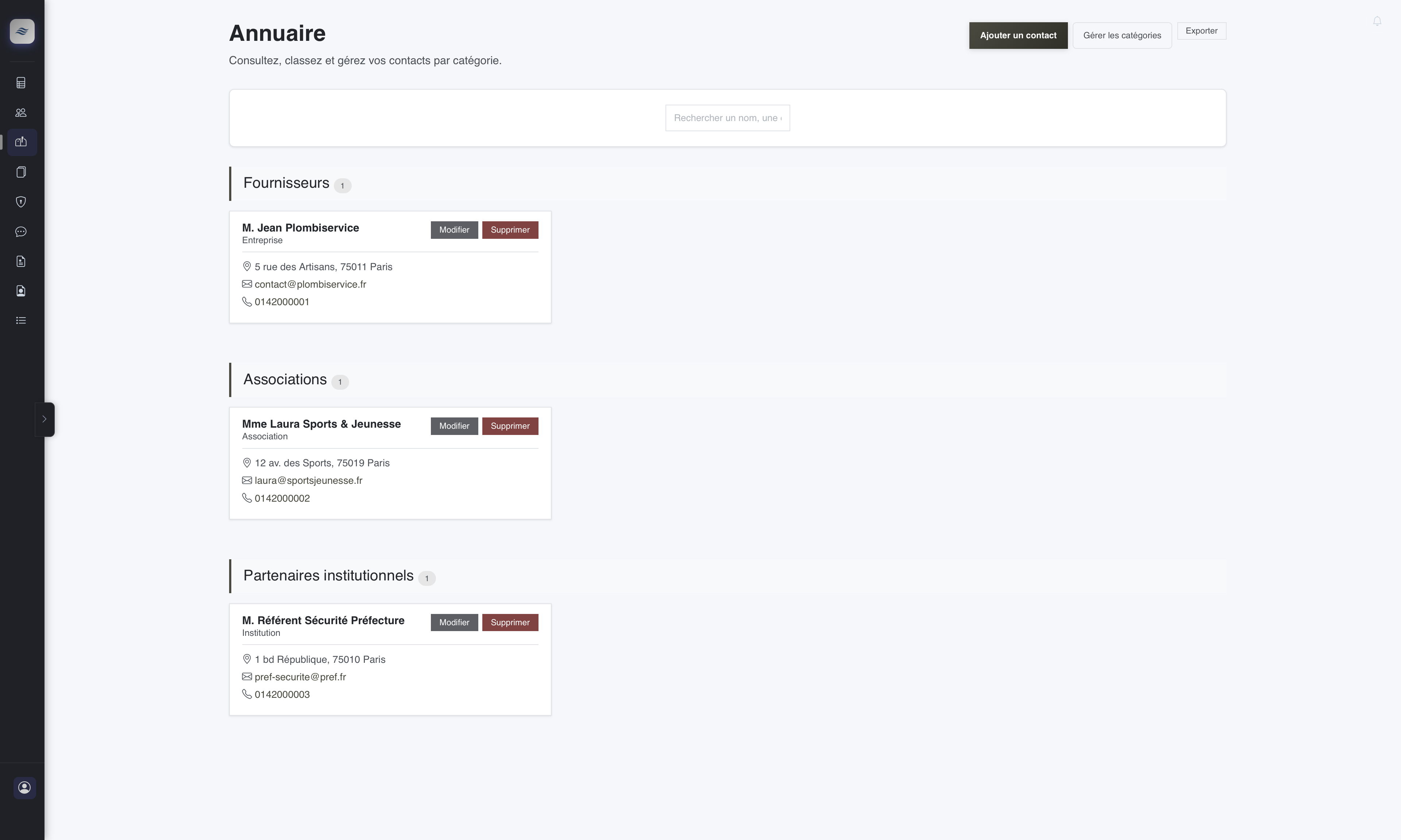Capture écran de la page Annuaire