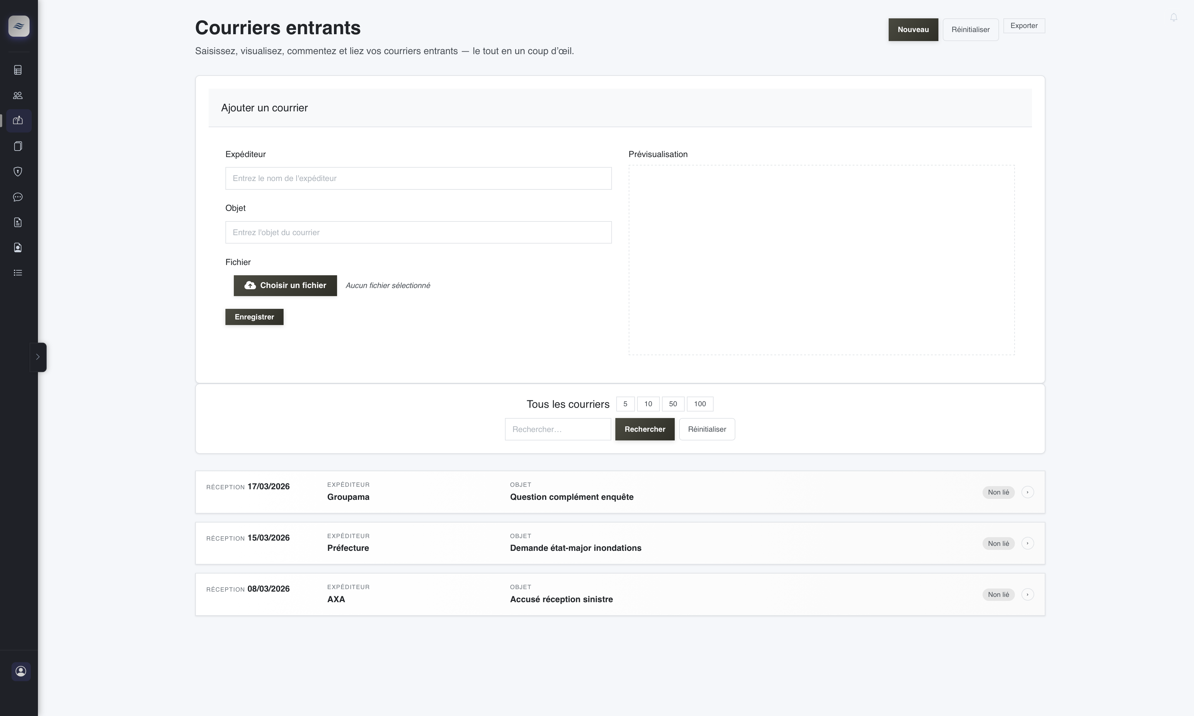 Capture écran de la page Courriers entrants