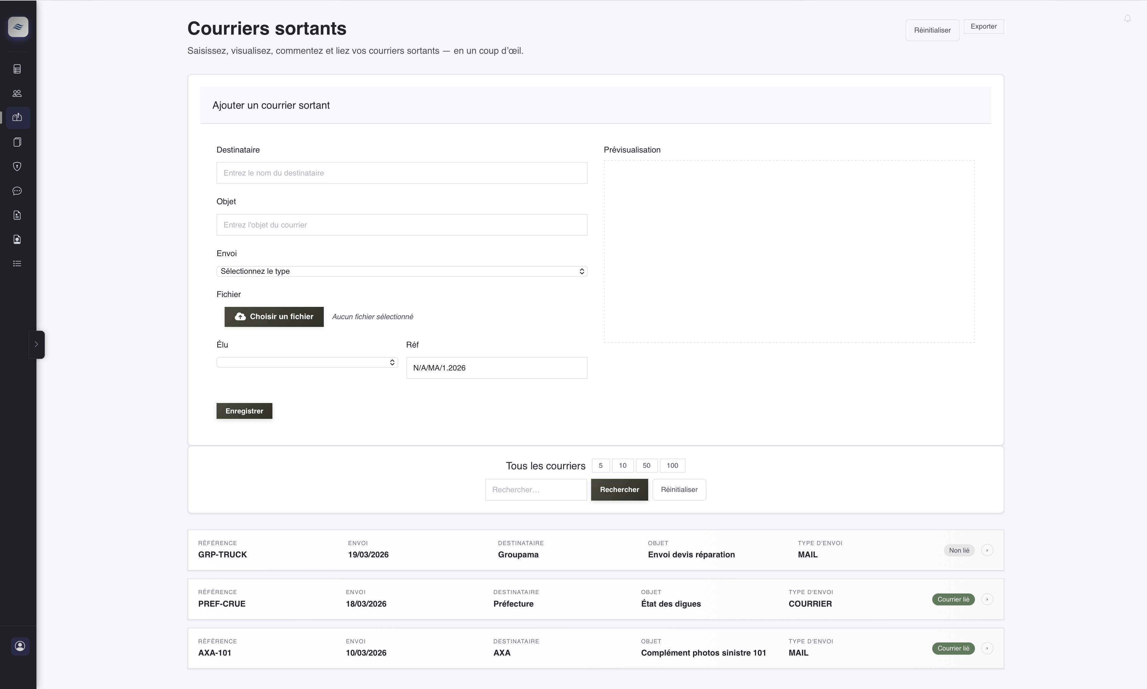 Capture écran de la page Courriers sortants