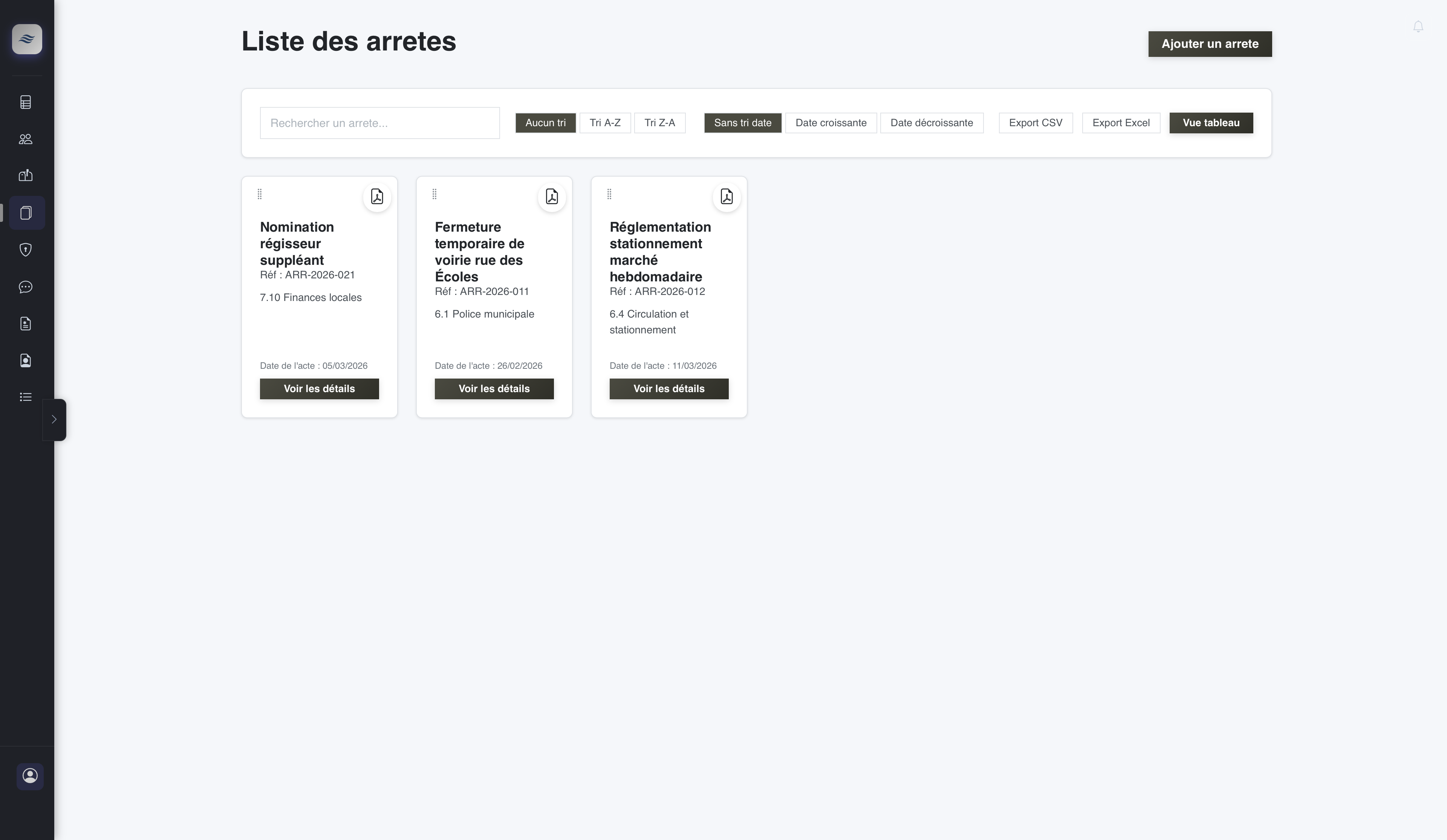 Capture écran liste des arrêtés