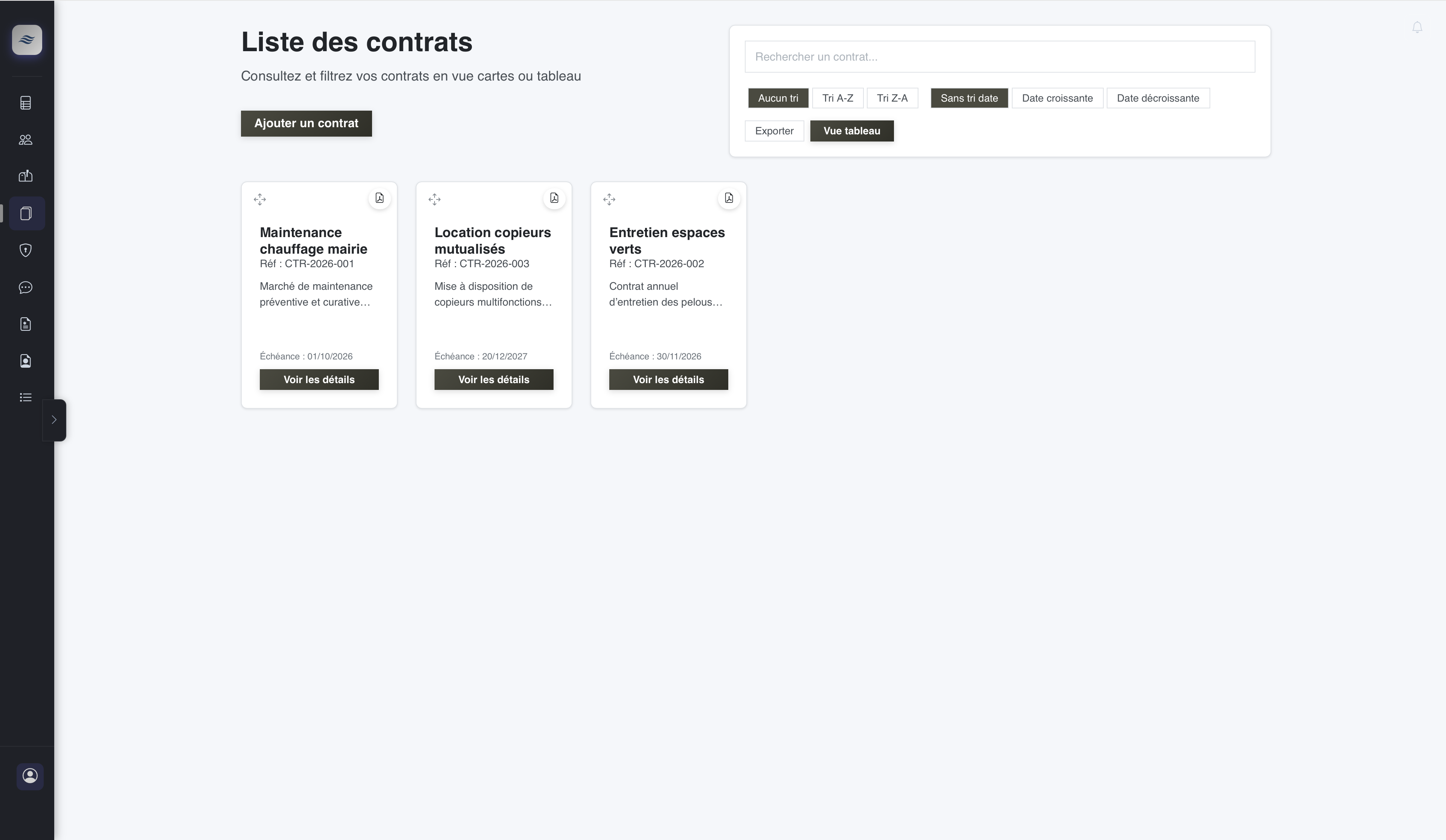Capture écran liste des contrats