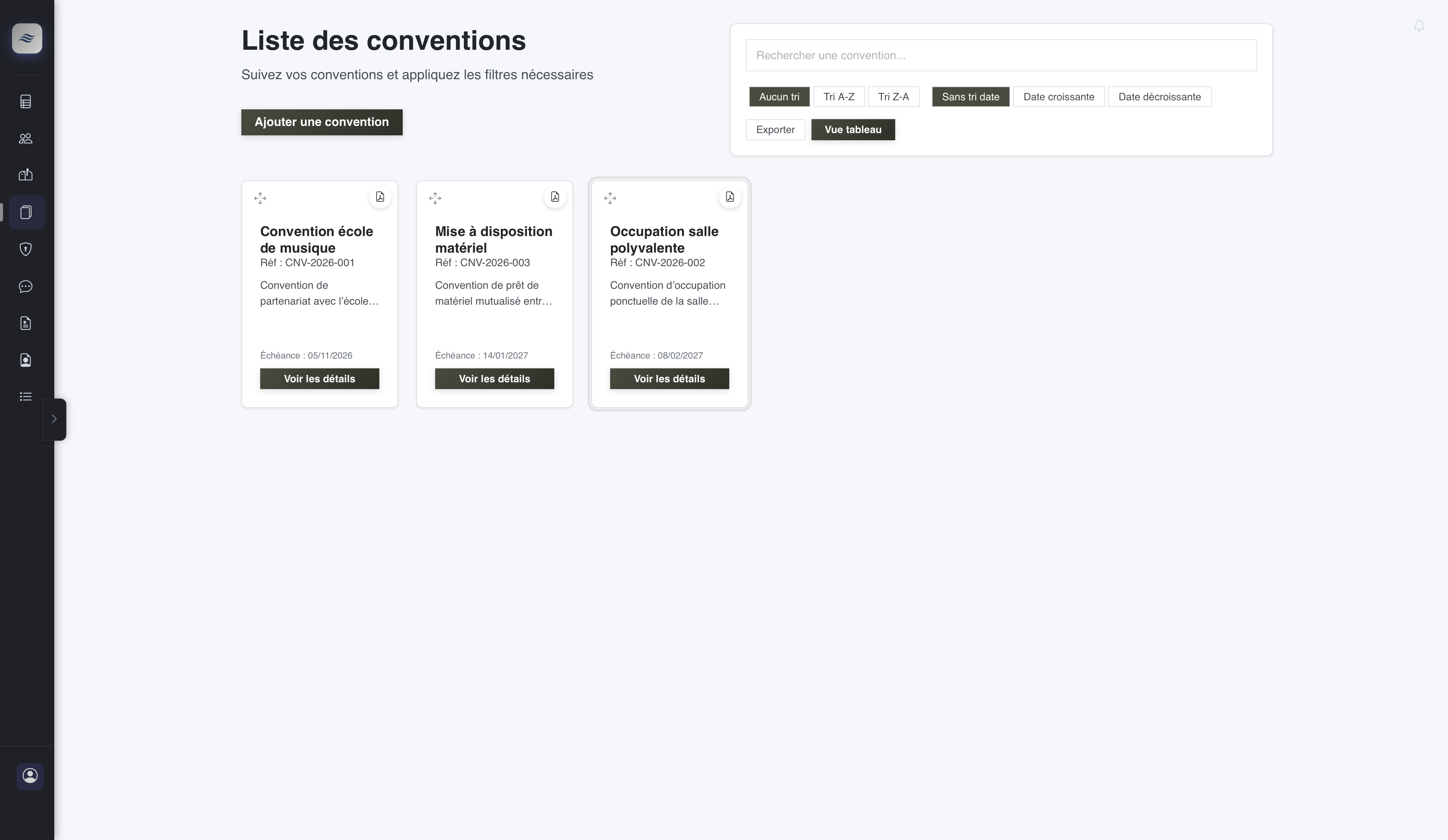 Capture écran liste des conventions
