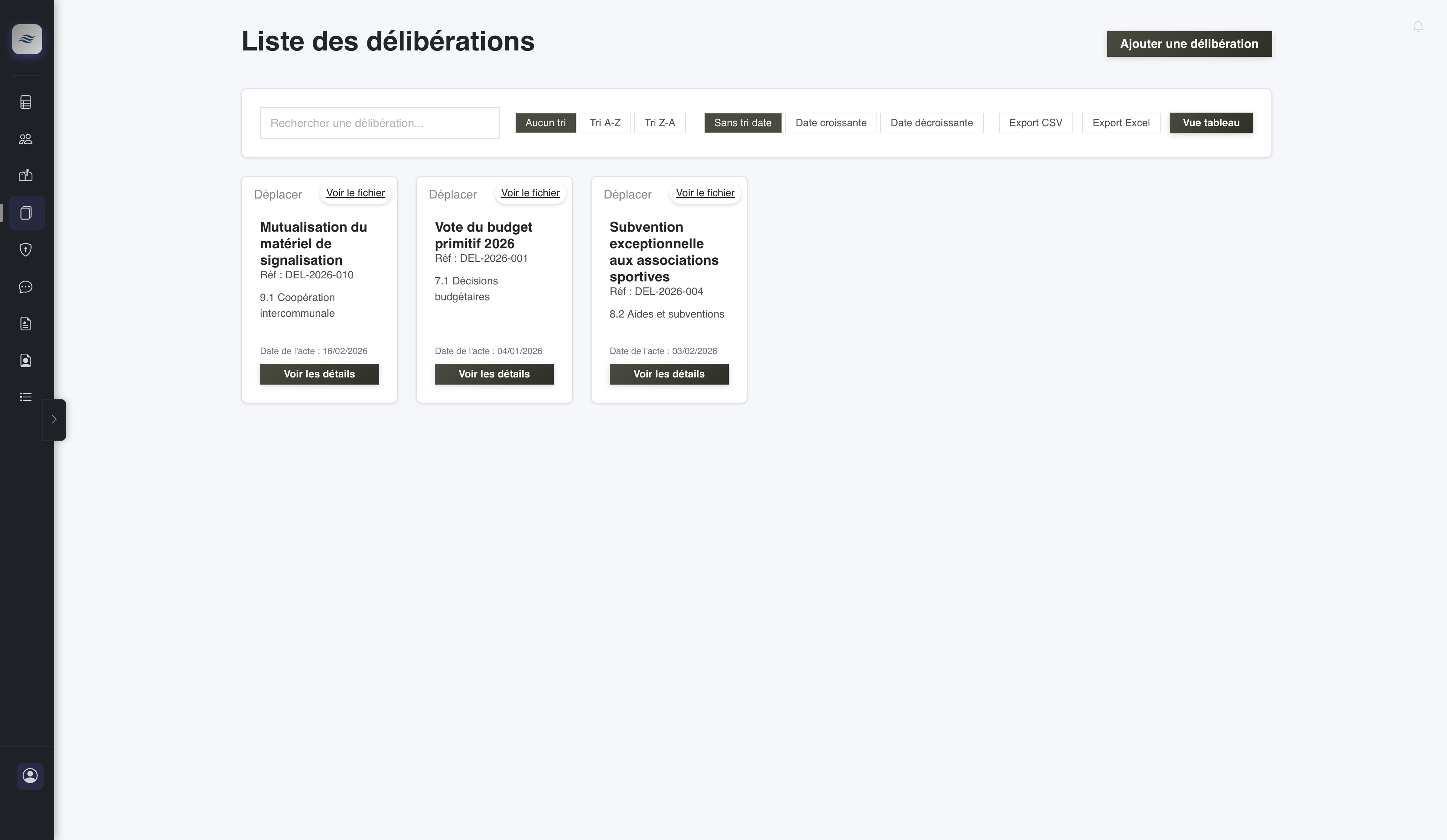 Capture écran liste des délibérations