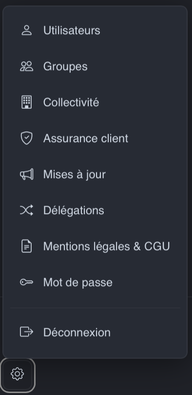 Capture écran du menu compte et paramètres