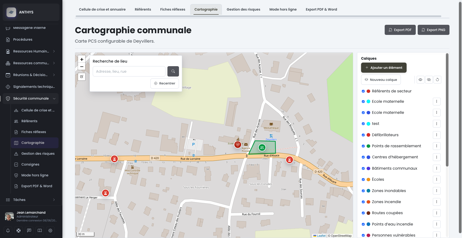 Aperçu de la cartographie du plan communal de sauvegarde dans Anthys