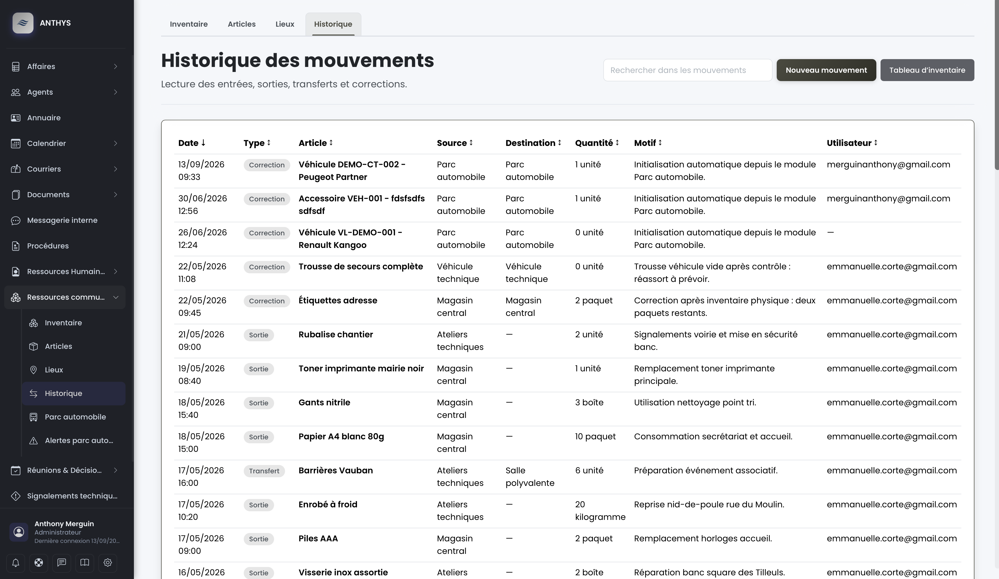 Historique complet des mouvements de stock